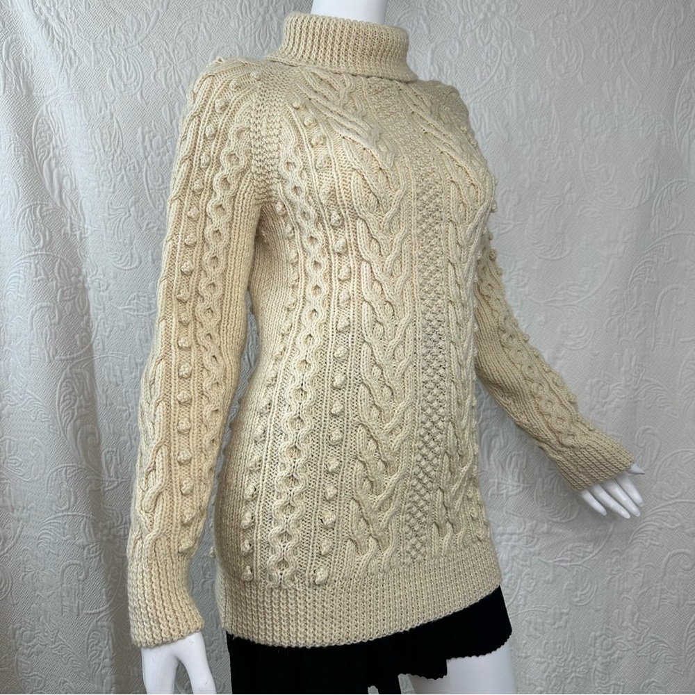 Vintage Hand Knit Wool Extra Long Aran Fisherman Knit Turtleneck Cable Sweater - Picture 8 of 12